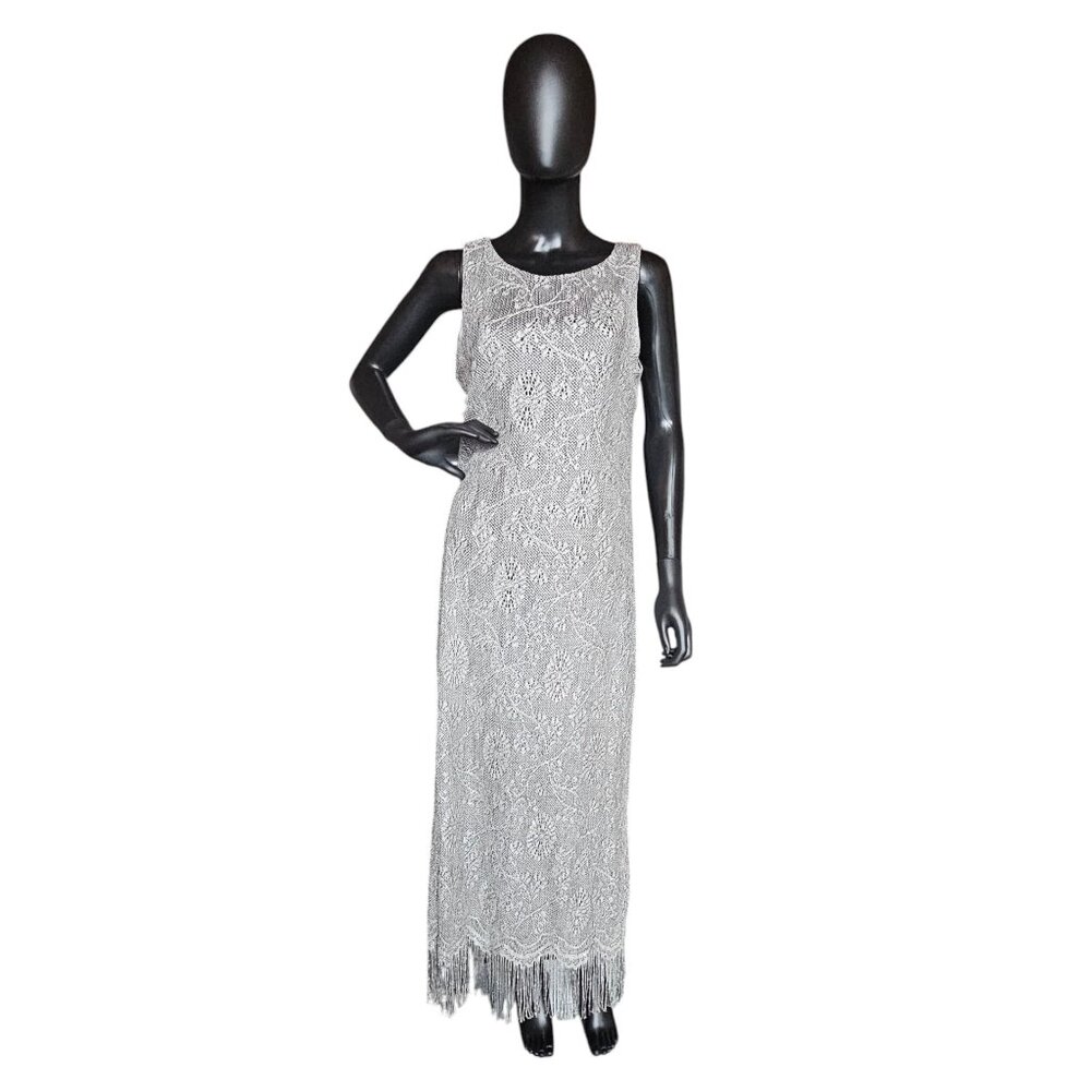Silver Crochet Sheath/Fringe Formal Dress W Bolero Jacket - Harlow Nites